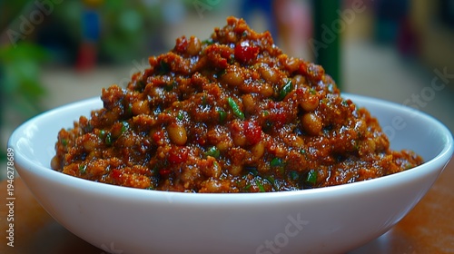 Rich and spicy Nigerian ewa agoyin stew served in a white bowl