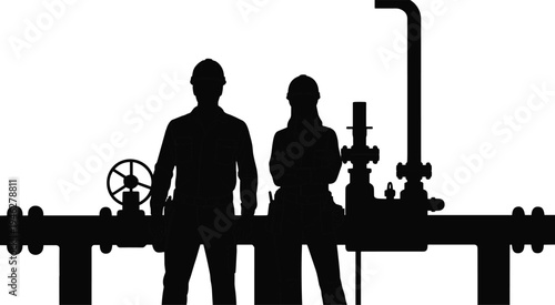 Silhouette industrial engineers standing beside pipeline valve system, oil and gas workers inspecting factory pipeline infrastructure, engineering industry concept, vector illustration