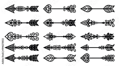 Hand drawn boho tribal decorative arrows vector illustration set