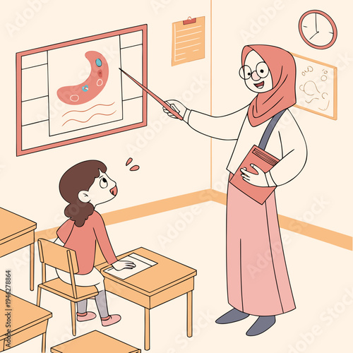 Female teacher wearing a hijab explaining human stomach anatomy to a young girl student in a classroom setting.

