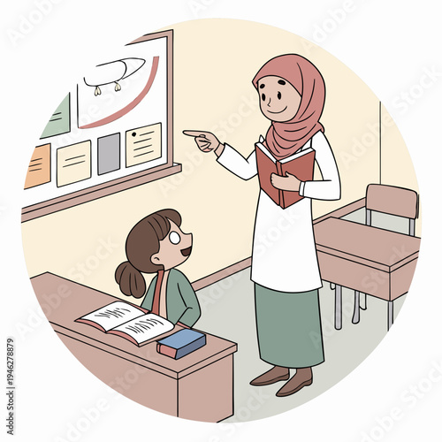 Female teacher wearing a hijab explaining human stomach anatomy to a young girl student in a classroom setting.

