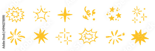 Star gold sticker icon collage set. Star icon sketch hand drawn line brush crayon texture vintage background. Cute kid magic twinkle sparkle, glow moon, space figure. Vector illustration