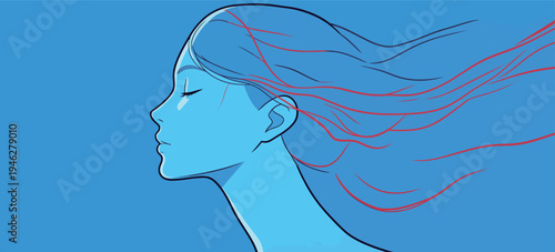 A woman with long flowing hair faces to the side on a blue background. Her hair appears to move gently, creating a sense of motion.