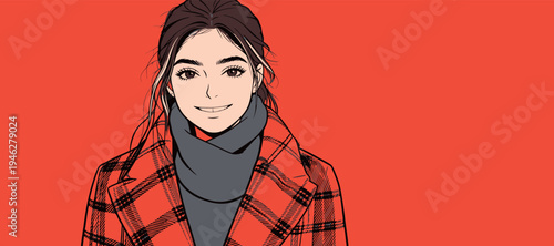 A woman stands and smiles while wearing a red checkered coat and gray scarf against a bright background.