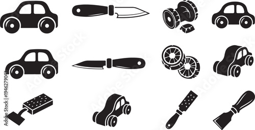 Black and white icons of cars and tools collection