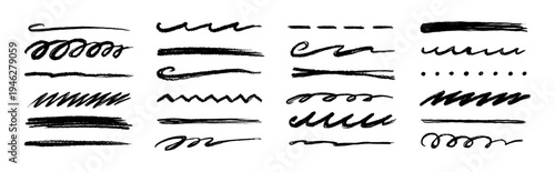Hand drawn underline brush pencil set. Underline crayon brush pencil hand drawn stroke sketch chalk texture pen. Thin thick squiggle divider bar, highlight mark scribble texture. Vector illustration