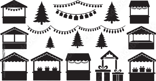 Christmas Market Stalls and Trees Silhouette Vector Graphics Set