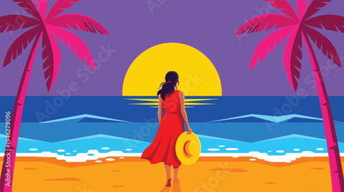 Woman in red dress looking at ocean sunset on tropical beach vector illustration