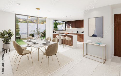 Comedor y cocina abierta moderna con salida al patio, 3d render