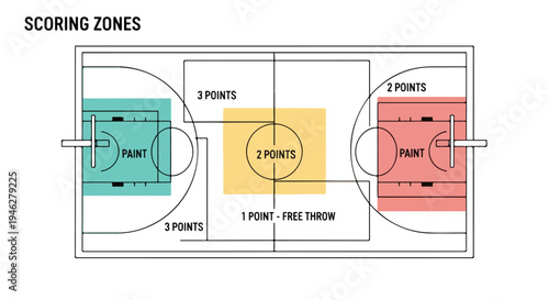 Diagram of a basketball court with colored scoring zones on a white background.