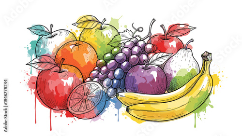 Vibrant Fresh Fruit Assortment Watercolor Splash Background for Healthy Eating & Recipes