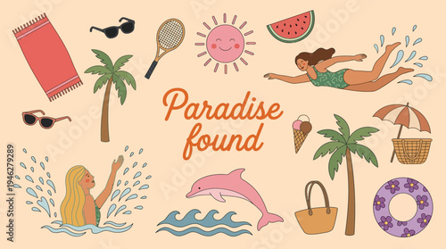 Paradise found retro summer beach vacation elements vector illustration