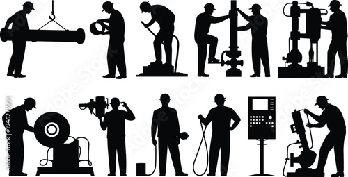 Silhouette industrial workers operating heavy machinery and factory equipment icons set, engineers welding, lifting pipeline parts and controlling valves, vector illustration