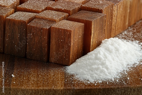 Rich dark chocolate fudge cubes next to a pile of white sugar