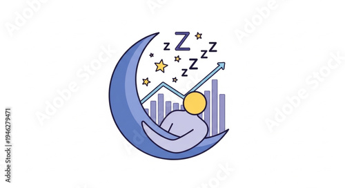 Person sleeping on crescent moon with stock market graph and zzz symbols.