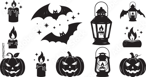 Halloween icons and symbols in black and white color