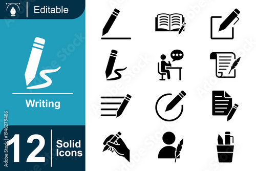 Writing icon set. Document writing process, creative author work, manuscript creation, storytelling content, text editing concept and more. Solid vector icons collection.