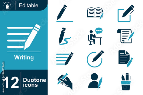 Writing icon set. Creative writing process, document editing system, author content creation, storytelling writing, manuscript preparation, text composition and more. Duotone vector icons collection.