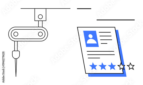 Robot arm evaluating a profile document with four-out-of-five stars visible. Ideal for automation, AI, recruitment, quality control, precision, data analysis, technology concepts. Simple flat