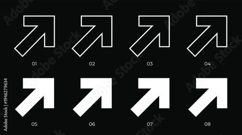 Minimalist thick outline and solid diagonal upward arrows vector set
