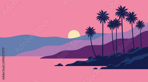 Tropical Sunset Vector Illustration with Palm Trees and Purple Mountains for Summer Travel and Vacation Background