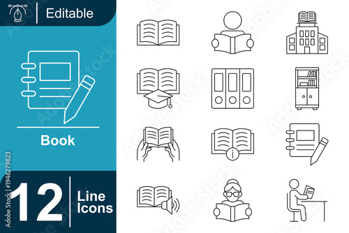 Book icon set. Education learning book, reading knowledge, library study material, academic literature, student learning concept, school education resource and more. Line vector icons collection.