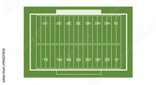 Overhead view of a green American football field with white markings and yard lines on a plain white background.