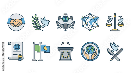 International Diplomacy Cooperation Line Icon Set Global Politics Concept