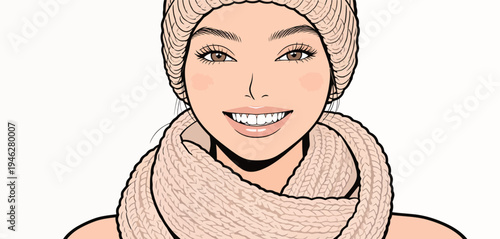 A woman smiles widely while wearing a cozy winter hat and a scarf. She has a bright expression that shows joy.