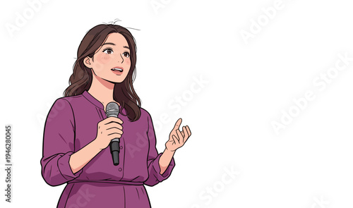 A woman stands and talks into a microphone at a public event. She gestures with her hand while speaking.