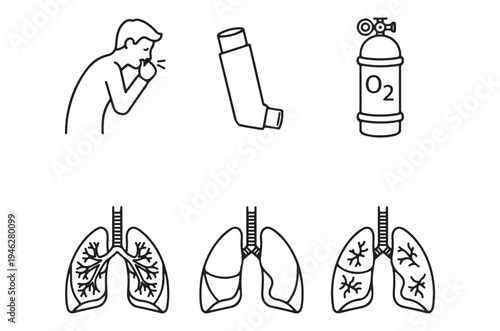 Illustration depicting asthma respiratory issues and associated medical equipment