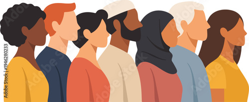 Flat vector illustration representing multicultural society with people of different ethnicities and cultures standing together.