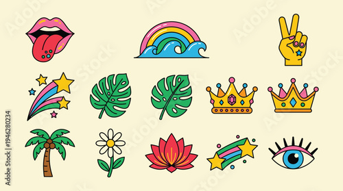 Retro Pop Art Sticker Set and Modern Summer Icons with Rainbow Peace Sign Lips Monstera Leaves and Crown Vector Illustration for Branding