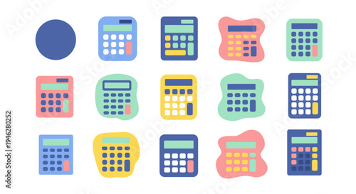 Colorful calculator icons in various shapes.