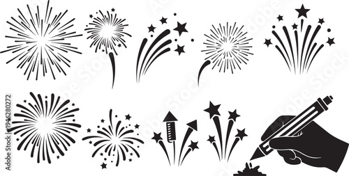 Fireworks and hand drawing with pen on white background