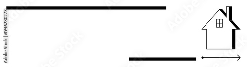 Real estate, home design, direction, navigation, movement, architecture. Minimalist design a house with windows, horizontal lines and an arrow. Real estate and navigation concept