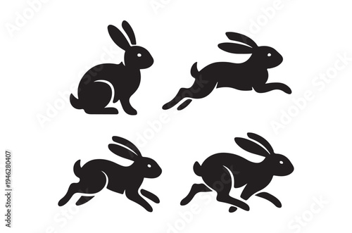 Four black silhouettes of rabbits in various running poses
