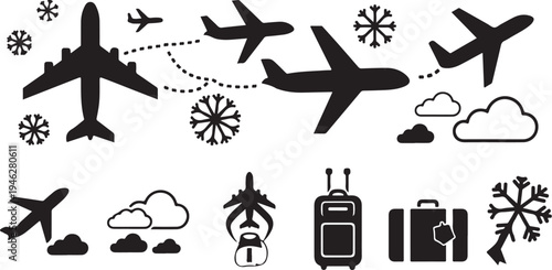 Travel icons featuring airplanes and luggage in various conditions