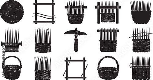 Black and white illustration of various baskets and tools