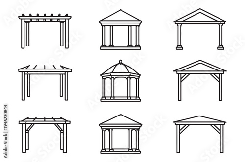 Collection of nine black and white line art gazebo and pergola designs