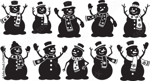 Set of happy snowmen in various poses and accessories