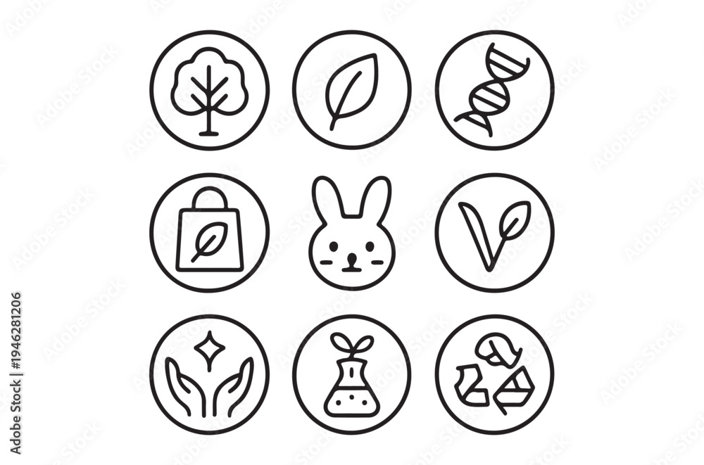 Fototapeta premium Collection of black and white icons representing ethical and natural themes