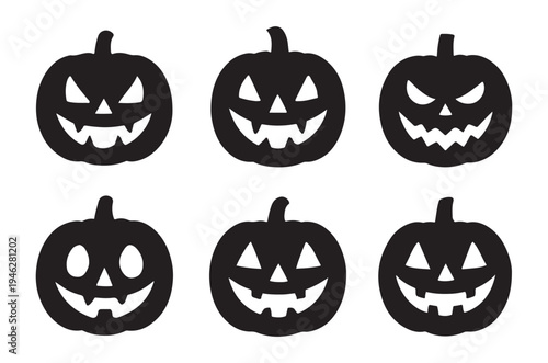 Six black silhouette jack o lanterns with varying spooky facial expressions