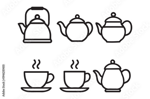 Simple black and white line drawing of teapots and tea cups