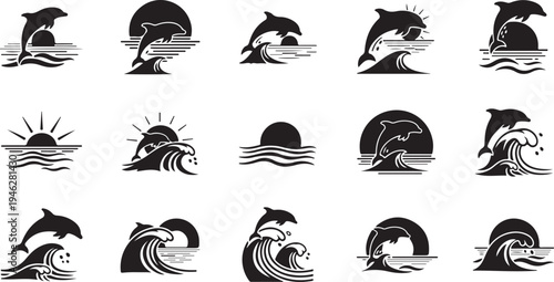 Dolphin Wave Sun Black and White Icon Set Collection