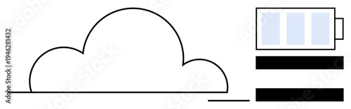 Cloud outline paired with battery charge level and bold horizontal lines. Ideal for technology, cloud computing, data storage, energy efficiency, digital infrastructure, minimal design, simple flat