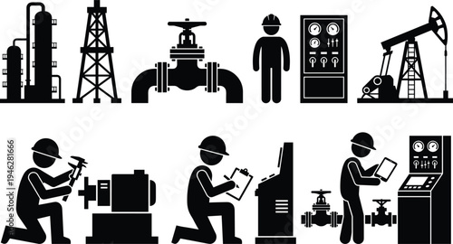 Oil and gas industry silhouettes set, refinery plant, pipeline valve, pumpjack, control panel, engineer workers operating industrial petroleum equipmentOil and gas industry silhouettes set, refinery p