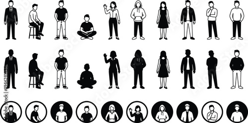 People character silhouettes collection, men and women standing, sitting and avatar icons set, human figures, business and casual person vector illustration
