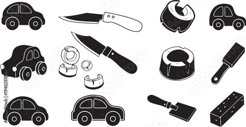 Black and white illustration of tools and cars icons