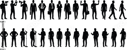 People silhouettes collection, business professionals, speaker with microphone, photographer, walking men and women characters, human figures vector illustration set